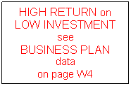 Zone de Texte: HIGH RETURN on
LOW INVESTMENT
see
BUSINESS PLAN
data
on page W4
